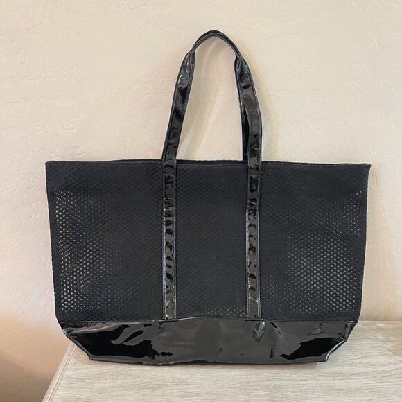 Victoria's Secret Tote Large Black Heavy Mesh Patent Rose Gold Logo Bag - Picture 2 of 4